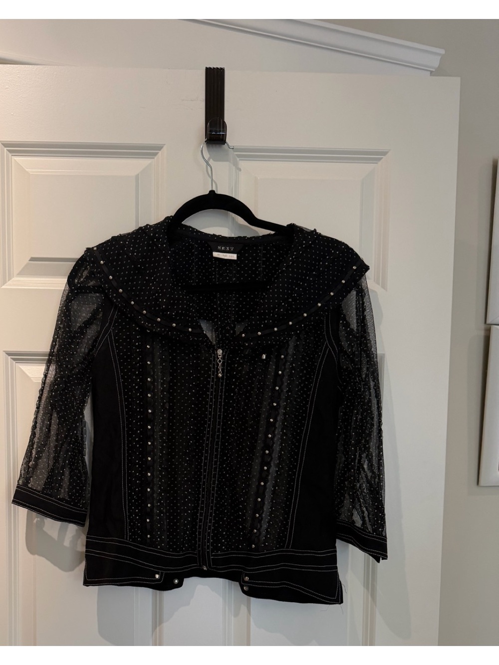 vintage WHO’S NEXT black embellish mesh studded zip-front cardigan top